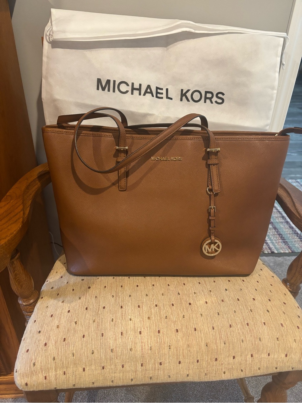 Michael Kors Brown Saffiano Leather Tote with MK Charm